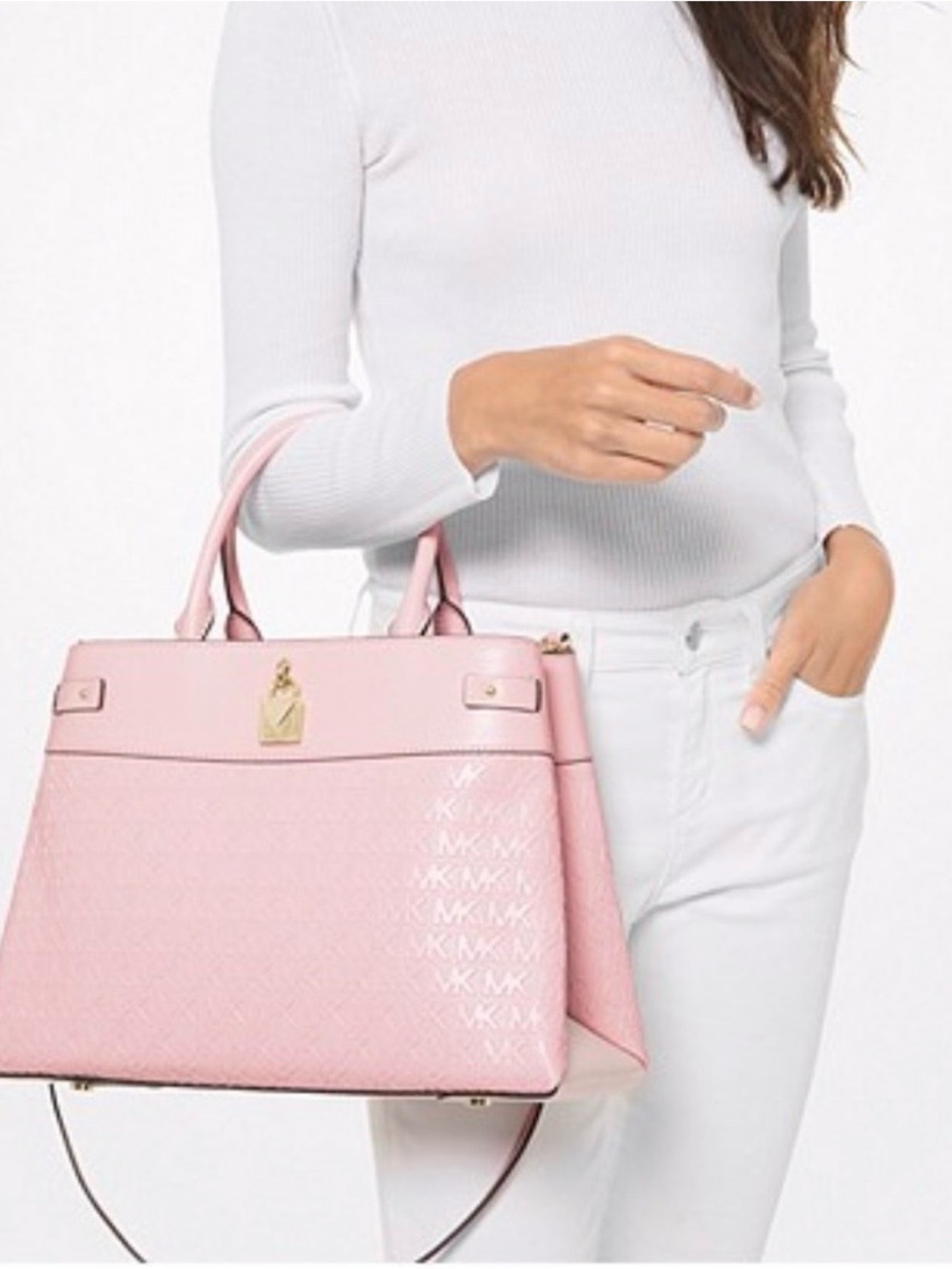 Michael Kors Blush Pink Embossed Leather Satchel with Gold-Tone Hardware